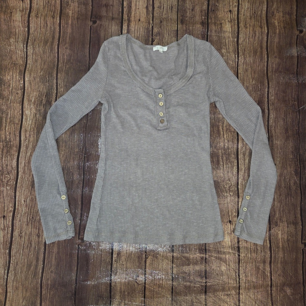 La Miel Womens Small Taupe Brown Ribbed Knit Henley Top Button Cuff Bella Swan